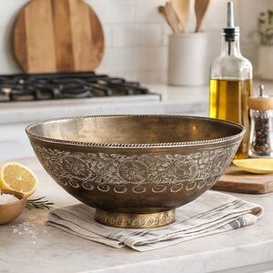 Vintage Indian Etched Brass Decorative Bowl Bottom Stamped India 1 of 30.